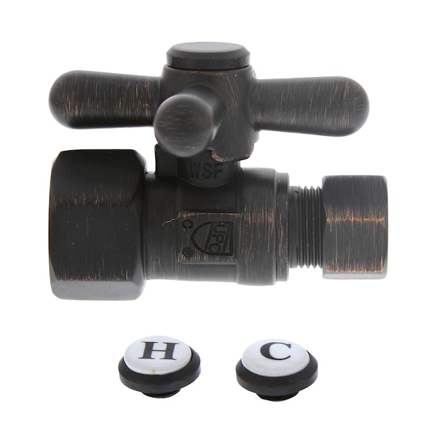 1/2in FIP x 3/8in OD Comp Quarter-Turn Straight Supply Stop Valve, Cross Handle, Old World Bronze